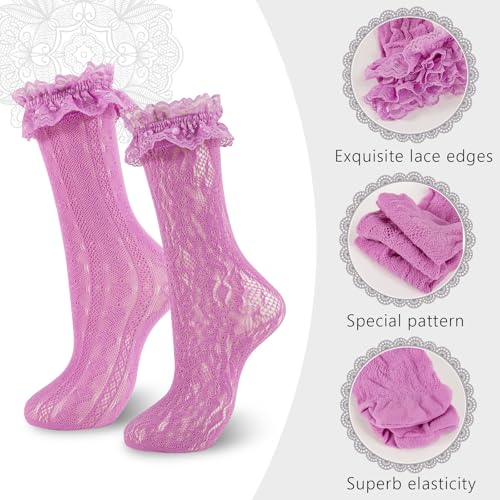 Image of Women Lace Ruffle Socks White Black Frilly Lolita Crew Dress Socks