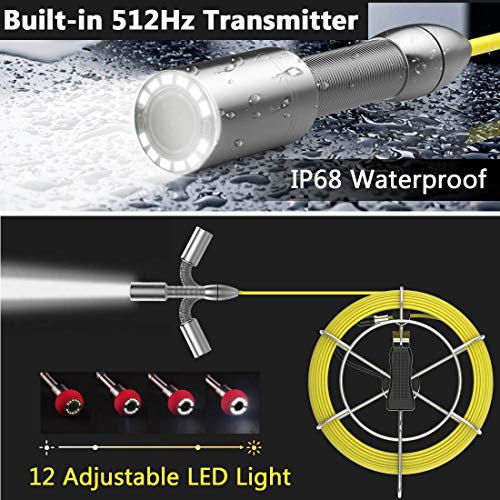 Sewer Camera 100ft with Locator, 512Hz Sonde Transmitter Plumbing Camera Snake with DVR Recorder, Inspection Cam with 7\" LCD Monitor with Fiber Optic Cable Wire (8 GB SD Card Included) (100ft/30m)