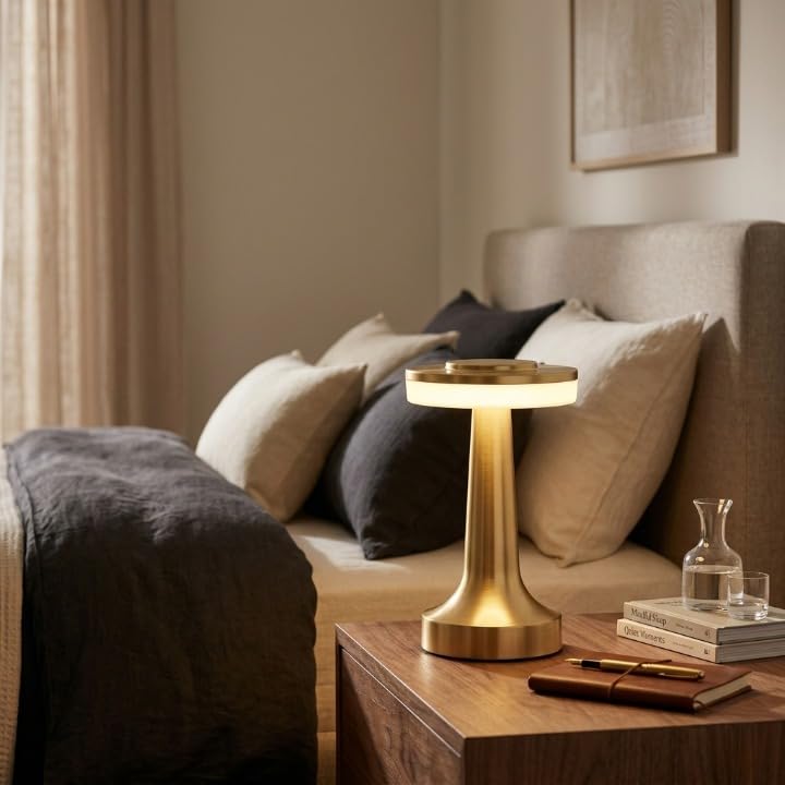 Image of Modern LED Table Lamp, Dimmable Touch Control Bedside Lamp with Warm Light, Rechargeable Wireless Desk Lamp, Minimalist Metal Night Lamp for Bedroom, Living Room, Office Decor, Gold Finish