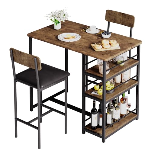 OPULENTHOME Ensemble Table de Bar avec 2 Tabourets,Table à Mange Debout avec Tabouret Rembourré,avec 3 étagères,Table Haute Cuisine avec 2 Chaises pour...