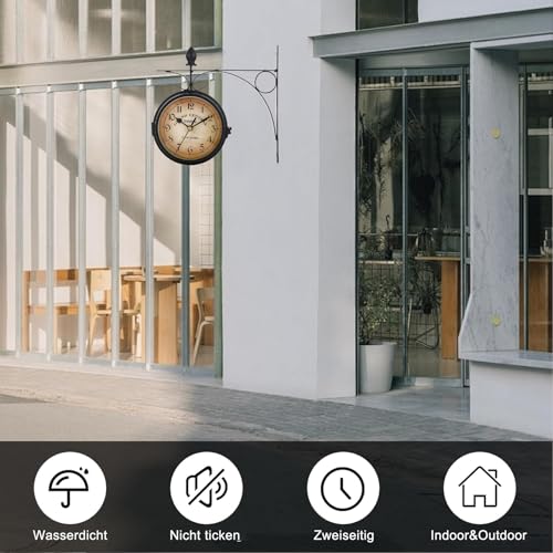 Syfunlv Vintage Bahnhofsuhr,Zweiseitige Wanduhr,21,8 * 21,8 cm,Wetterfest, Runde Wanduhr für Garten,Outdoor Uhr Dekorative,für Garten,Terrasse, Küche, Innenhof.