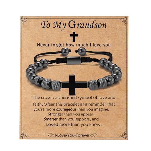 Image of Cross Bracelet for Boys Teens, Adjustable Obsidian Beads Bracelets Christian Religious Jewelry Gifts for Teen Teenage Boys