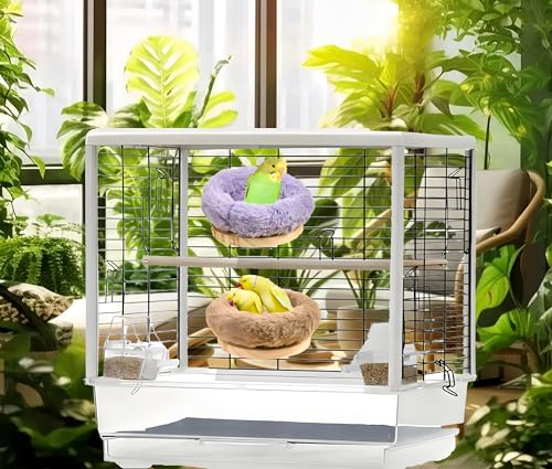 Image of 2Pcs Bird Perch Stand Platform Plush Parrot Hanging Hammock Warm Bird Nest Snuggle Hut Birds Sleeping Bed Wood Perch for Parrot,Budgies,Parakeet,Cockatiels,Conure,Lovebirds-Purple&Brown