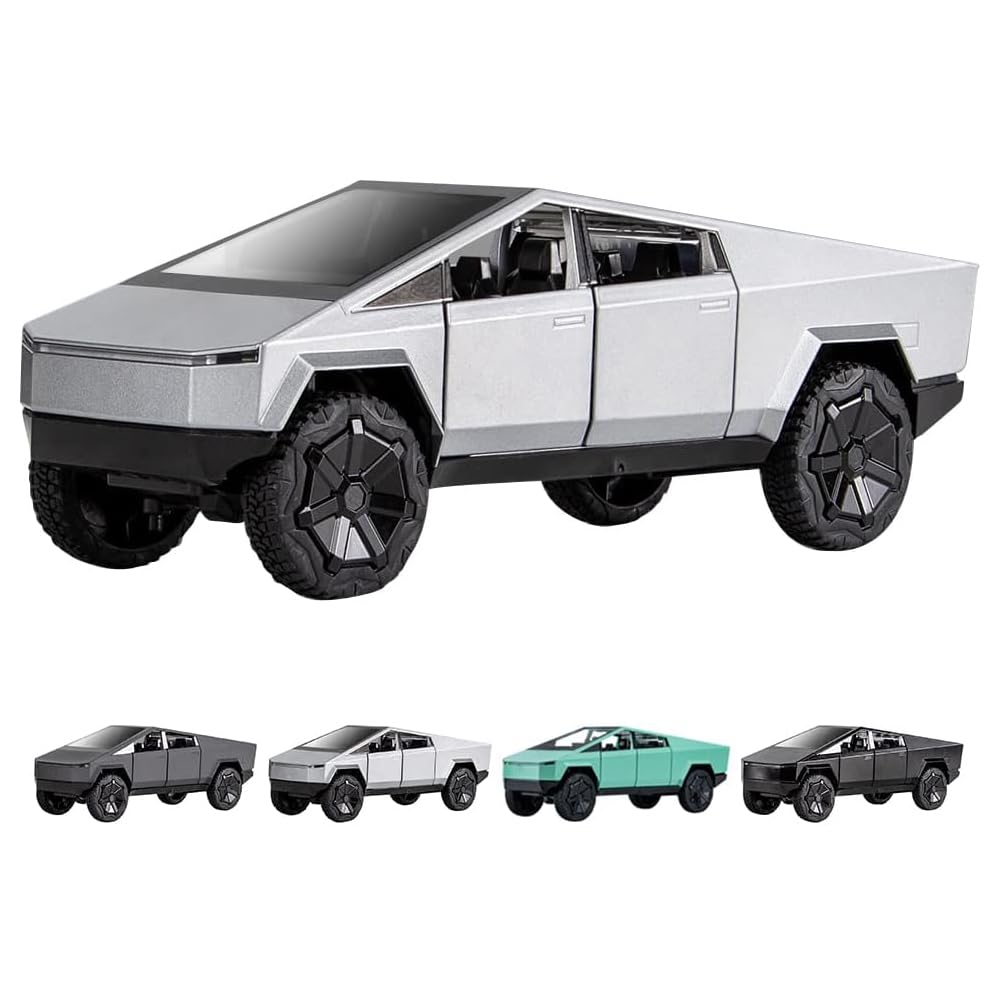 Toy Trucks Pickup Model Pull Back Pick-Up Truck with Sound and Light, Alloy Diecast Truck Toy Cars for Kids Gift or Vehicles Model Collection Enthusiasts (1/24 Silver Pickup Truck)