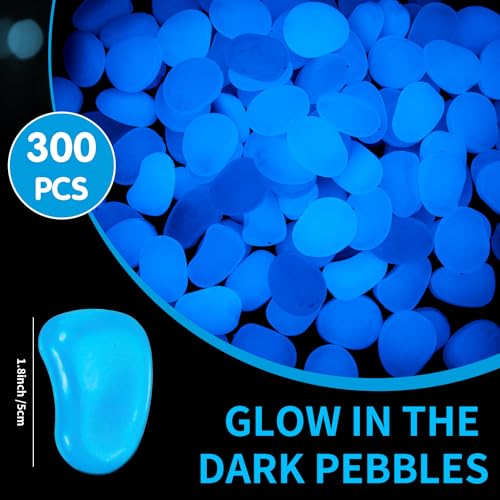 Image of Landical 300 Pcs 1.8 Inch Large Glow in The Dark Rocks Glow in The Dark Pebbles Outdoor Bule Fish Tank Rock Aquarium Gravel Luminous Stone for Landscaping Walkway Succulent Plant Decor, 4700g /10.36lbs
