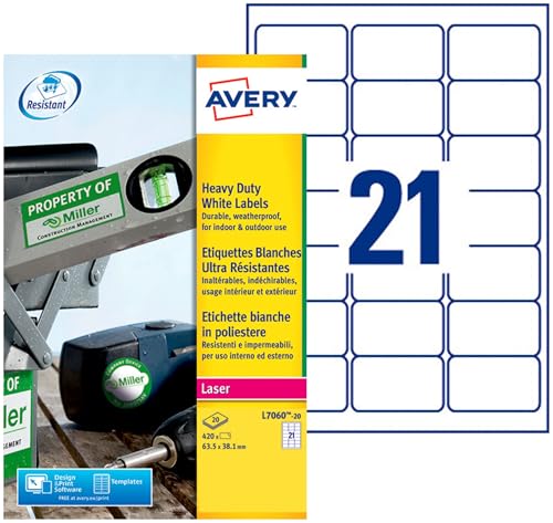 AVERY - 420 Étiquettes Ultra-Resistantes Personnalisables Polyester - Format 63,5 x 38,1mm - Impression Laser