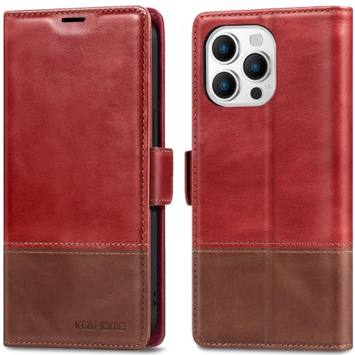 KEZiHOME Compatible with iPhone 15 Pro Case, [RFID Blocking] Genuine Leather Wallet Case [Credit Card Holder] [TPU Inner Shell] Shockproof Stand Flip Cover for iPhone 15 Pro 6.1'' (Red/Brown