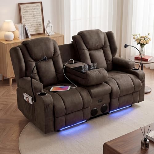 Image of Redlife Power Loveseat Recliner Sofa with Console, Leathaire Farbic Dual Reclining Couch with Blue LED Lights, Bluetooth Speakers, USB Ports, Phone Holders, Home Theater & RV Recliner (Coffee Brown)