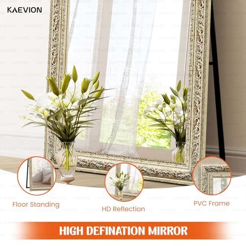Image of 65 inchx22 inch (5.25 ft) Ornate Antique Full-Length Floor Dressing Mirror with Stand, Vintage Off-White Cheval Mirror for Bedroom, Living Room, Boutique