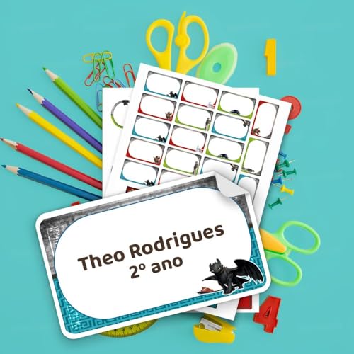 Kit Etiquetas Escolares Personalizadas Dragão Aventura com Nome para Identificar Material Escolar Infantil, Cadernos, Livros, Lápis e Estojos