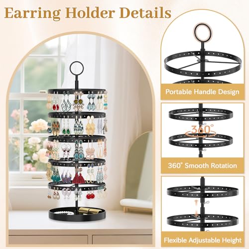Image of MODOWEY 5 Tier Rotating Earring Holder Organizer, Adjustable Display Tree with Metal Tray, 220 Holes Jewelry Rack for Pierced Stud Hoop Dangle, Large Capacity Space-Saving Stand for Women (Black)