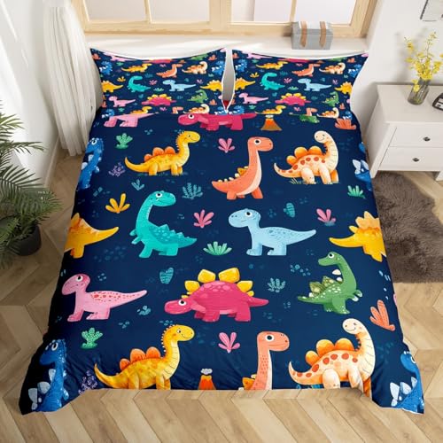 Homemissing Juego de funda de edredón con diseño de dinosaurios de dibujos animados, tamaño cuna, para niños y adolescentes, juego de ropa de cama con estampado de dinosaurios de la selva, funda de