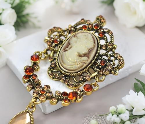 Image of Gyn&Joy Antique Blue Rhinestones Cameo Brooch Pin