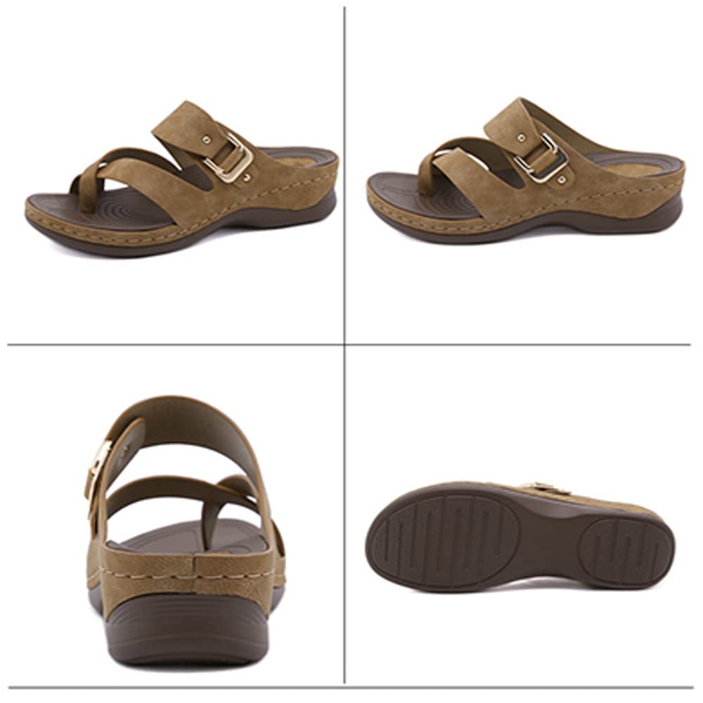 Sandalias Plataforma Punta Abierta para Mujer Sandalias corrección de juanetes Piel sintética Chanclas Verano Dedo Gordo del pie Corrección de la Sandalia,Caqui,36