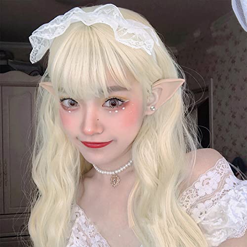 Platinum Blonde Wavy Curly Wigs For Women Medium Length Synthetic Full Hair Natural Blonde Wigs With Bangs For Daily Use Party Cosplay 18 Inches