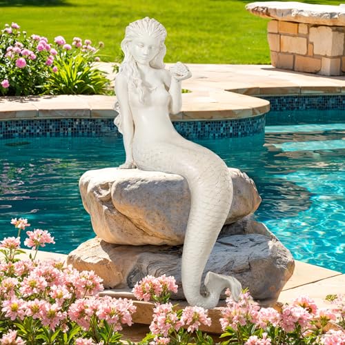 Ultym Mermaid Statue Outdoor Large 25.6 Inch Garden Sculpture Figurines for Lawn and Patio Decor Durable MGO Stone Yard Art with Weatherproof Finish for Indoor Decor Christmas Gift Antique White