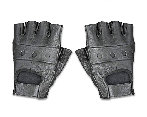 Raider BCS-500 Leather Fingerless Men's Motorcycle Premium Driving Gloves (Black, Large)