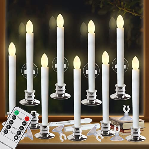 Image of 10 Pack Flameless Taper Candles with Remote /Timer & Suction Cup, Battery Operated Flickering LED Window Candles, Vintage Christmas Electric Fake Candlesticks, Silver Holder
