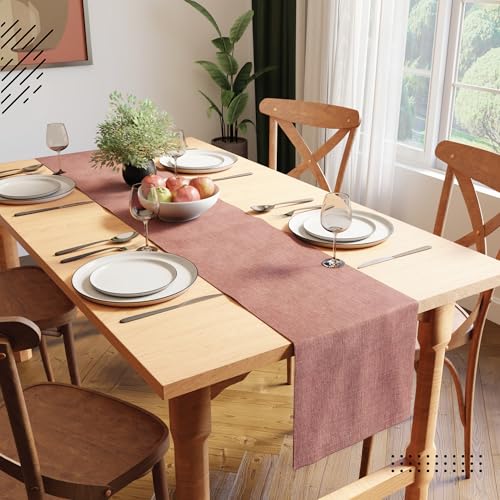 Image of Encasa XO Dining Table Runner for 4 to 6 Seater | 28x150 cm | Buff | Chenille Fabric | Machine Washable