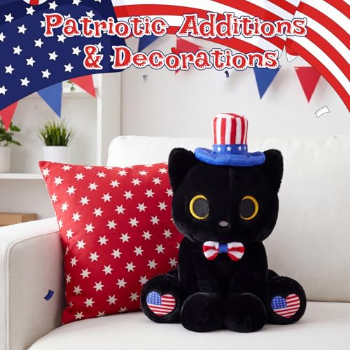 Image of Black Cat Plush with Patriotic Bow Hat for Kids | Cat Stuffed Animal Red White and Blue Plushies, Kawaii Birthday Gift Decorations, 8inch