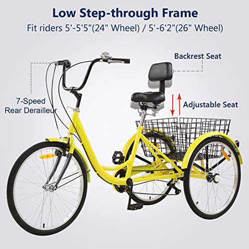 Adult Tricycles 7 Speed, Adult Tricycle Trikes 24/26 inch 3 Wheel Bikes, Three-Wheeled Bicycles Cruise Trike with Shopping Basket for Seniors Women Men, Men\'s Women\'s Cycling Exercise Recumbent Bike - Thumbnail 2