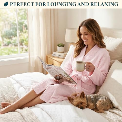 Image of PAVILIA Premium Plush Robe for Women, Soft Cozy Fuzzy Bathrobe with Pockets, Warm Mid-Length Lounge Robe with Tie Belt