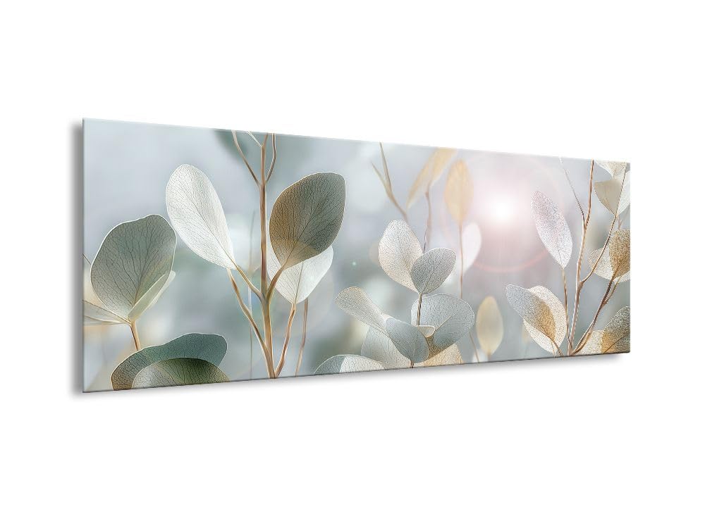 artissimo Bild aus Glas 80x30 cm Eukalyptus AG5742A – Natur Wandbild pastellgrüne Pflanzen, Panorama Glasbild Querformat moderne Wanddeko Pastell-Töne