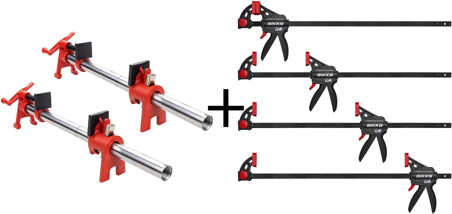 1/2 Inch H-Style Professional Wood Gluing Pipe Clamp Set with 30" Steel Pipe and 30" Extension Pipe + SIIIXS Professional 4-Pack Bar Clamps for Woodworking with GS Certificate