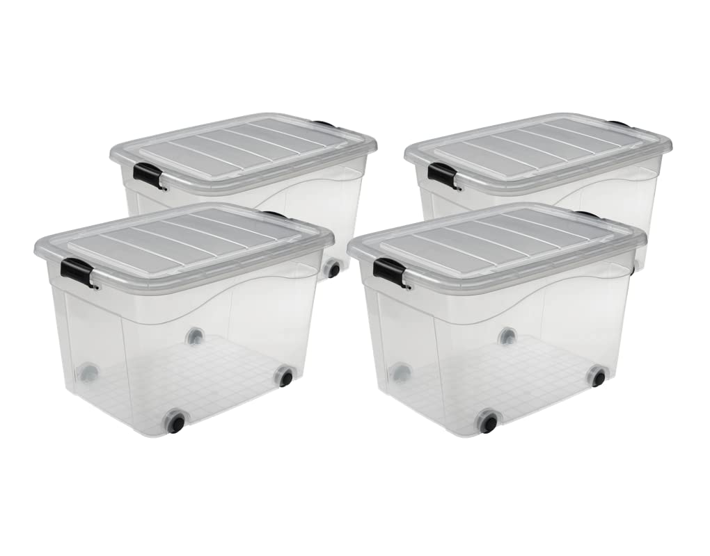 Logiplast 4 Stück Aufbewahrungsbox transparent 100 Liter mit Deckel und Klickverschluss 690 x 515 x 420 mm inkl. Rollen