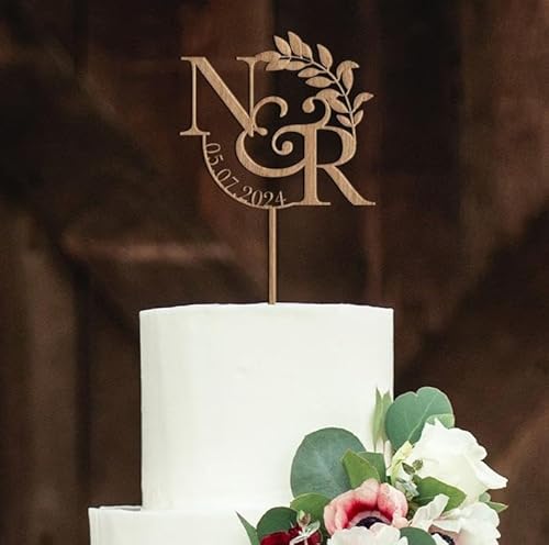 Personalized Monogram Wedding Cake Topper, Gold Leaf Design, Wooden, Custom