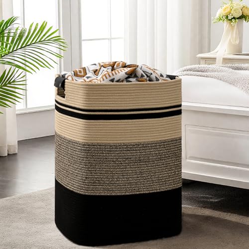 Image of Laundry Hamper, 95L Tall Laundry Basket with Leather Handles, Rectangle Large Clothes Hamper for Organizing, Cotton Woven Laundry Baskets Storage Hampers for Bedroom, Nursery, Living Room