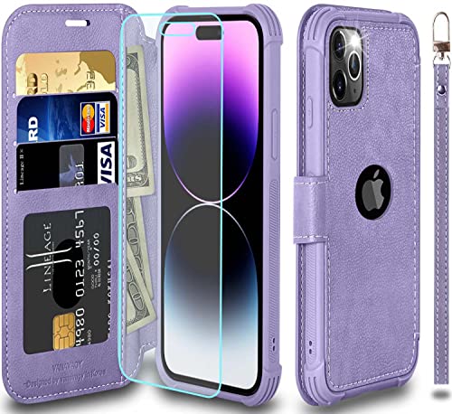 VANAVAGY Compatible for iPhone 14 Pro Max Wallet Case for Women and Men,RFID Flip Leather Cover with Wrist Supports Wireless Charging with Card Holder and Glass Screen Protector,Clove Purple