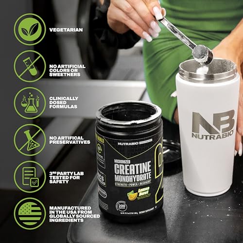 Image of NutraBio Pure Micronized Creatine Monohydrate Powder Supplement, Lemon Burst, (300 g) - Supports Bulk Muscle Energy, Recovery, and Strength - HPLC Tested Creatine Powder Supplement for Men and Women