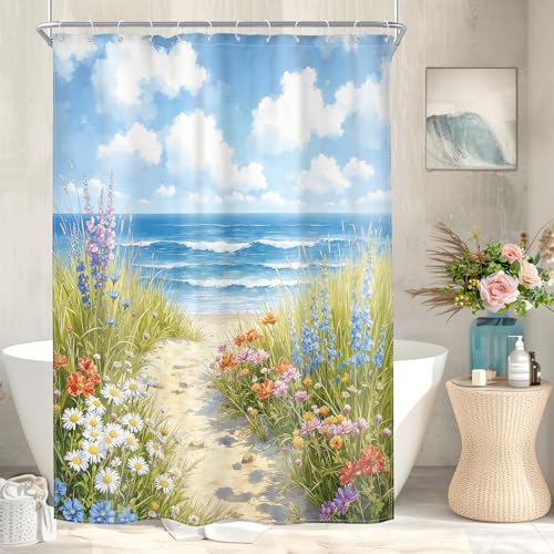 Riyidecor Ocean Beach Shower Curtain Small Stall Wildflower Path Oil