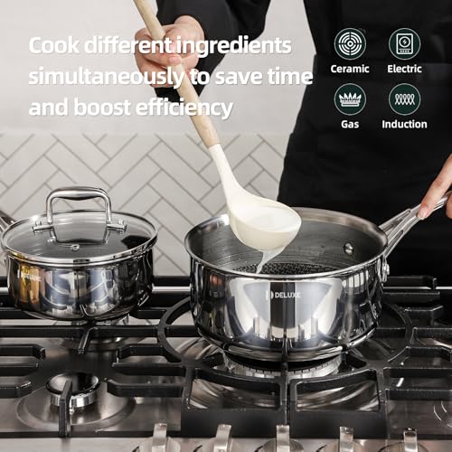 DELUXE Hybrid Ceramic Nonstick 3-Quart Saucepan with Tempered Glass Lid, Stainless Steel Pot with Stay-Cool Handle, Dishwasher Oven Safe, Induction Ready, PFOA Free Compatible with All Cooktops