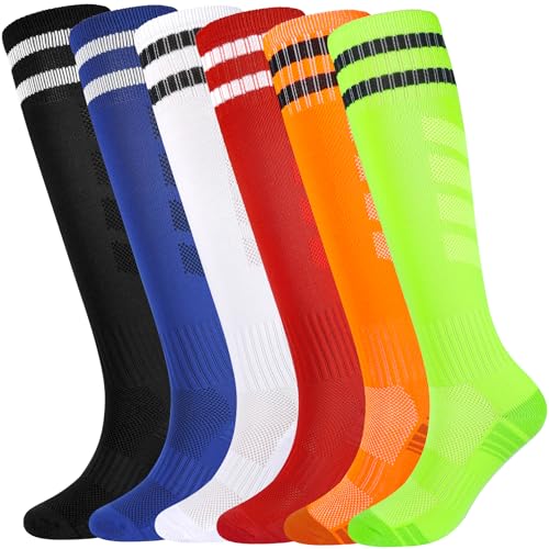 Kids Soccer Socks Boys Football Socks 6 Pairs Girls Striped Knee High Socks Baseball Softball Sports Teenager Youth (Mixed Colors, 10-14 Years)
