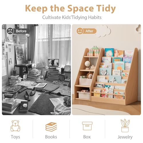 Image of Solid Wood Kids Bookshelf and Storage Organizer, 7 Layer Children Bookcase, Baby Toddler Wooden Book Shelf, Display Cabinet for Playroom, Bedroom, Classroom, Nursery, School, Natural