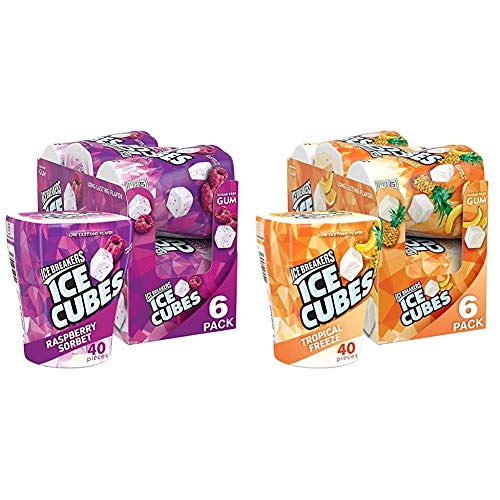 Ice Breakers Ice Cubes Sugar Free Gum with Xylitol, Raspberry Sorbet, 40 Piece (Pack of 6) & Ice Cubes Sugar Free Gum with Xylitol, Tropical, 40 Piece (Pack of 6)