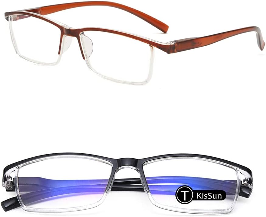 KISSUN 2 Pack Blue Light Blocking Reading Glasses Computer Reader Filter UV Glare Blocking Fashion Gaming Eyeglasses Women Men Square Frame, Black