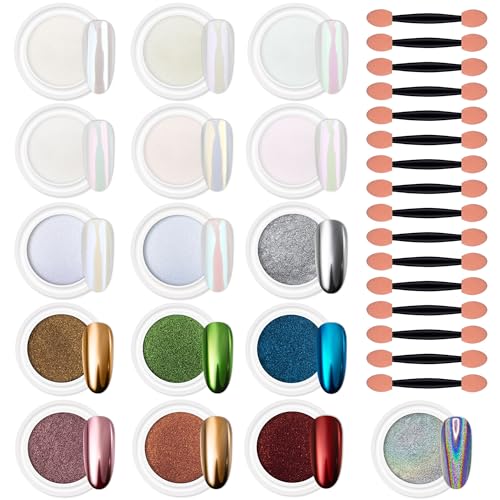 Artdone 16 Colors Chrome Nail Powder Iridescent Aurora Chameleon Powder Metallic Mirror Effect Pigment Pearlescent Mermaid Pigment Pearl Glitter Dust Kit Nail Art Decoration Resin Craft