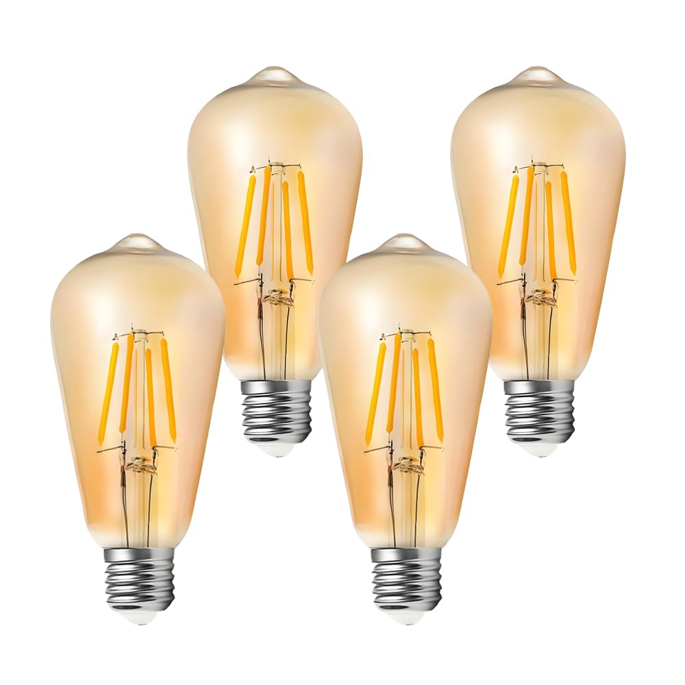 Jiotouhu E27 Vintage Filament Edison LED Light Bulb, ST64 Screw Bulb Bulb, Amber 2700K, 4W Equivalent to 40W Halogen, 400lm, Amber Shell, Non-Dimmable, 4 Pack โ image 1