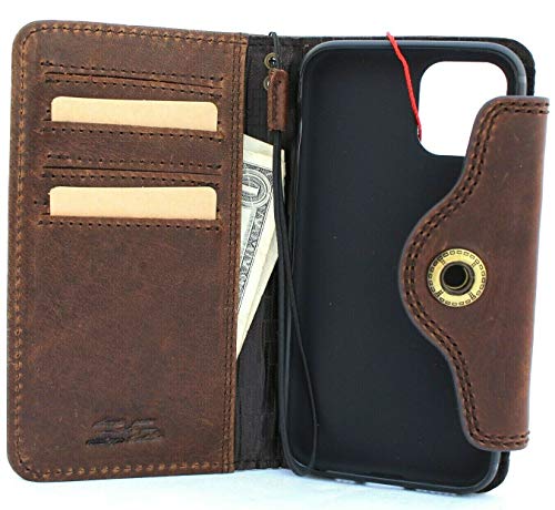 JAFO Genuine Leather Case for iPhone 11 Book Wallet Handmade Cover Luxury Cards Soft Holder Button Closure Strap Vintage DavisCase Handcrafted Wireless Charging