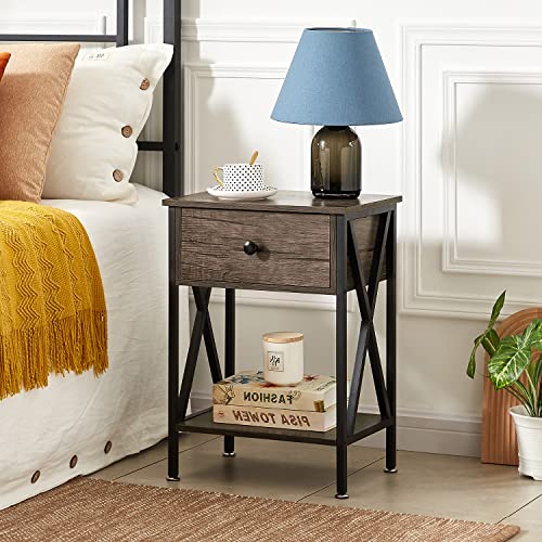 Image of VECELO Nightstand,Modern Bedside End Table, Night Stand with Drawer and Storage Shelf for Living Room Bedroom, Industrial Metal Frame