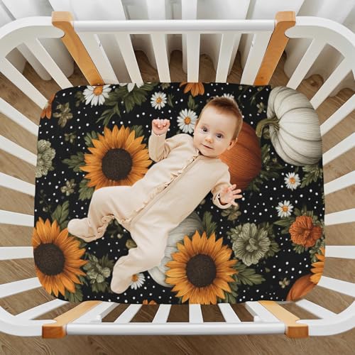 Image of Crib Sheet Breathable Soft Crib Mattress Sheet for Baby Toddler Boys Girls Fitted Crib Sheet Fit Standard Crib Mattress 39 x 27 Inch Black Dotty Pumpkins Sunflowers Daisy