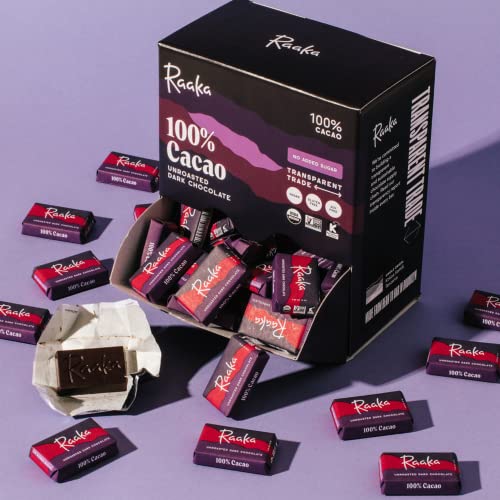 Raaka Chocolate Mini Bars, 100% Cacao | Gourmet Dark Chocolate Snacks | Organic, Kosher, Vegan, Gluten Free, Fair Trade, Soy Free, Non Gmo, Paleo | Box Of 100 Bite-Size Chocolates #TOP1