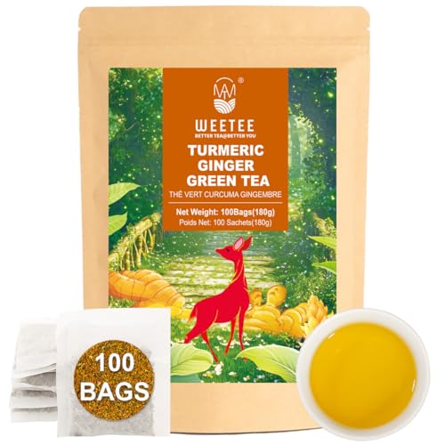 WT WEETEE Turmeric Ginger Green Tea Bags 100ct, Honey Flavored, Caffeinated