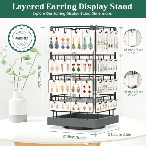 Image of EsLuker.ly Rotating Earring Display Holder Stand for Vendors Events Selling, Large Capacity 64 Hooks Jewelry Rack with Wooden Base for Earring Card Sales, Enhances Retail Visibility(Dark Grey)