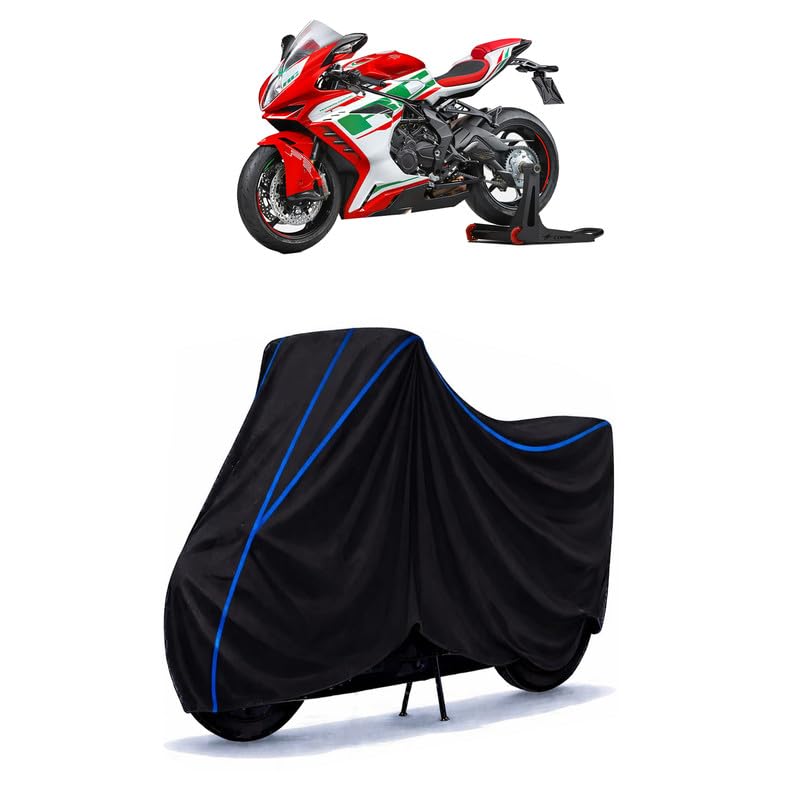 Image of MV Agusta F3 RC Bike Cover Water Resistant Universal Motorcycle Rain | Heavy Duty UV Protection, Dust, Scratch Indoor Outdoor All Weather with Black Blue Piping Elastic