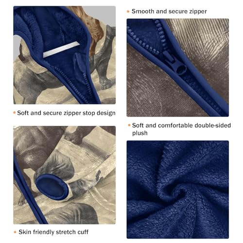 Retro Rhinoceros Pattern Prints Toddler Fleece Jacket Girl Boys Hooded Fleece Jacket Coat Warm Outwear Zip-up 3-10T3