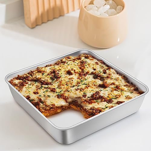 Image of TeamFar 9 x 9 Inch Square Cake Pan, Stainless Steel Square Baking Pan with Lid for Brownie Lasagna, Non-Toxic & Heavy Duty, One Piece & Smooth, Dishwasher Safe & Easy Clean, (1 Pan + 1 Lid)